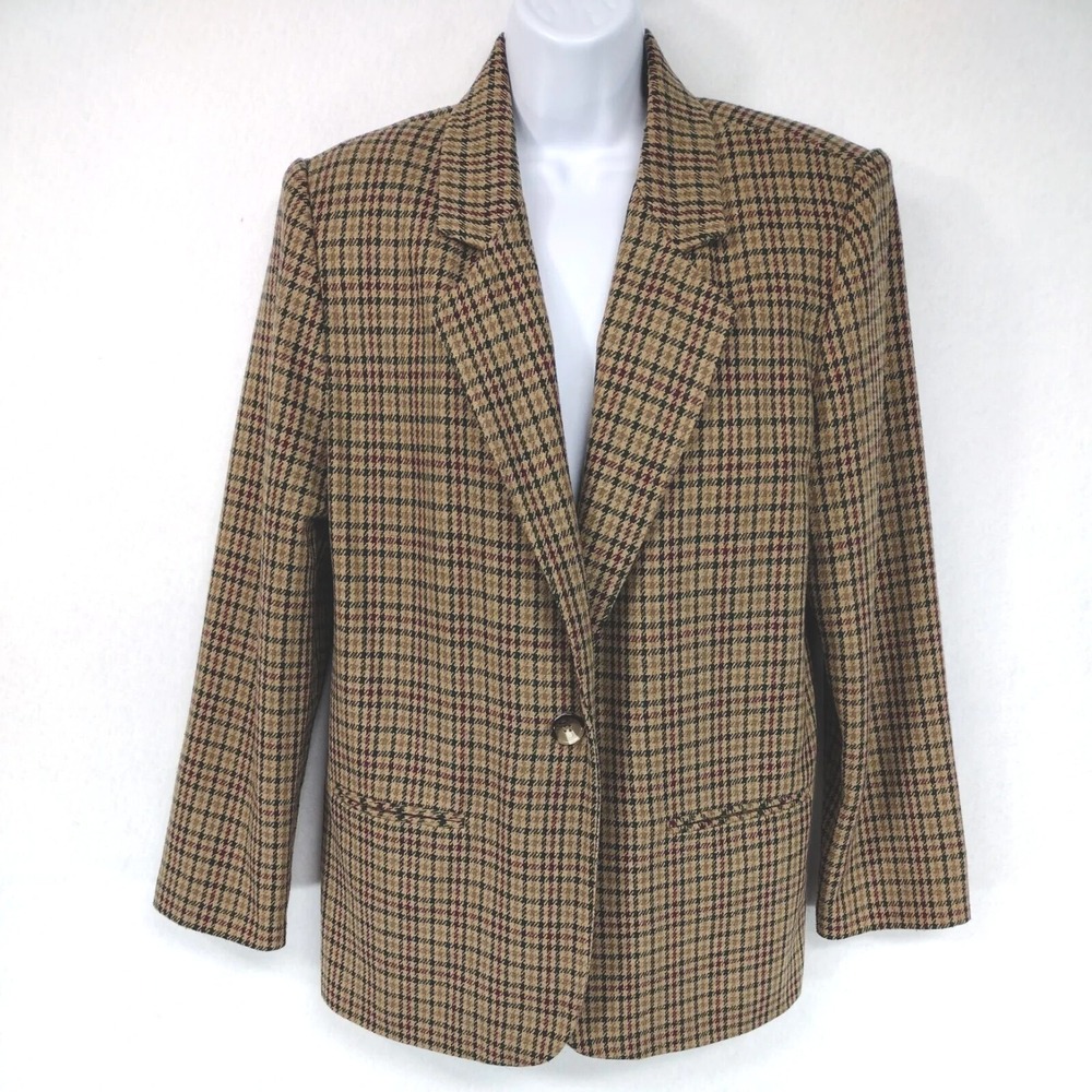 VTG Sag Harbor Suit Jacket Women's 12 Brown Houndstooth Plaid Single Button